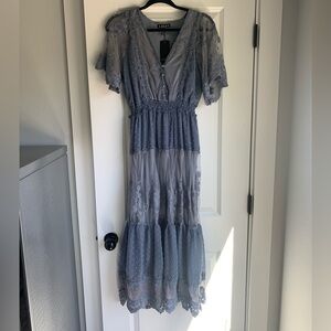 Women’s long, short sleeve, dusty blue dress